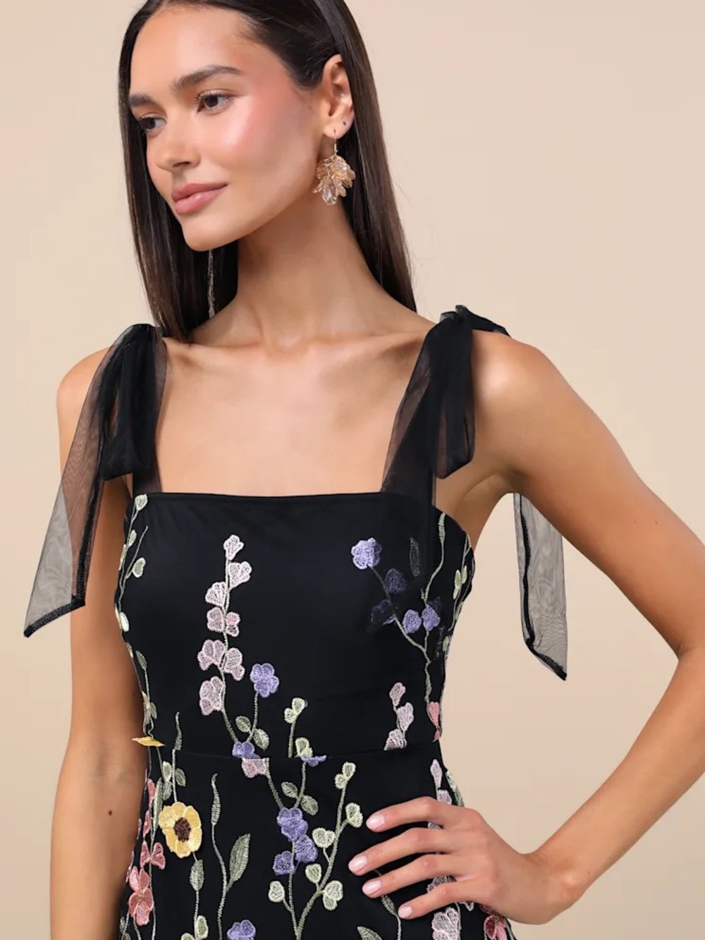 Lulus Thriving Poise Black 3D Floral Embroidered Tie-Strap Maxi Dress NWT Size L - Picture 17 of 17